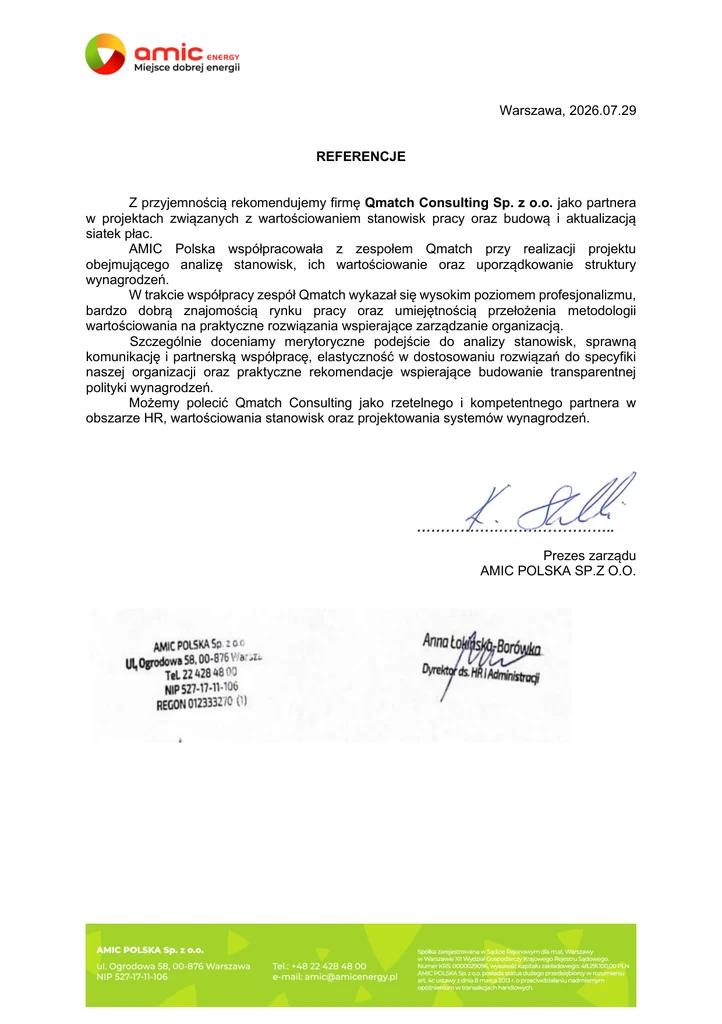 Skan listu referencyjnego: AMIC Polska Sp. z o.o.